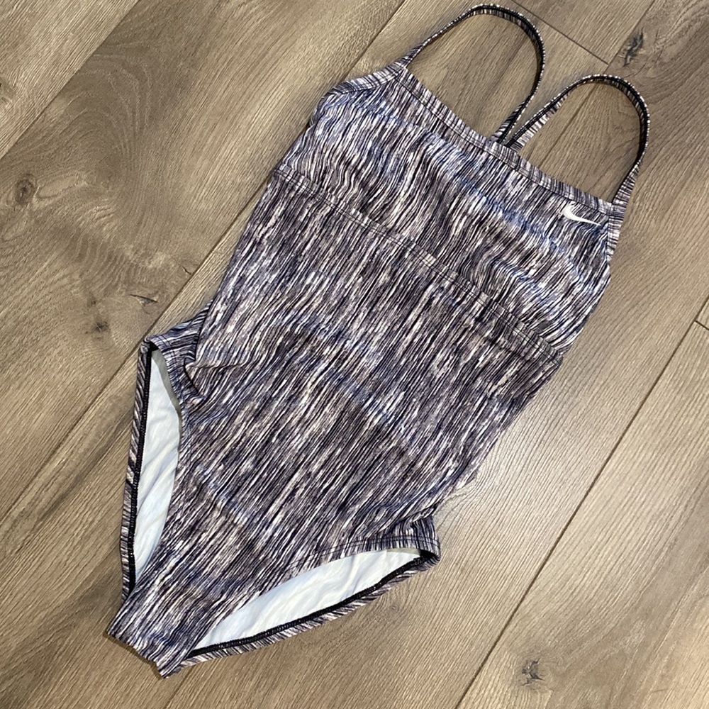Nike Dri-Fit vertical gray strip racerback one piece swimsuit size medium